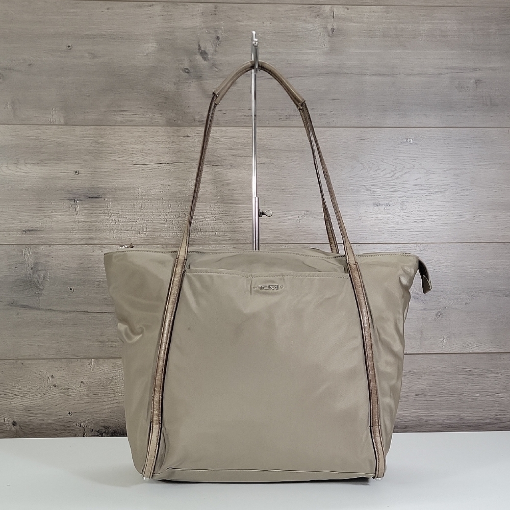 Tumi Taupe Nylon Tote with Leather Trimmed Straps